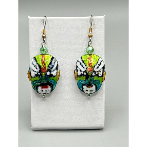 Handcrafted Japanese Opera Mask Cloisonné Earrings with Dangle Hooks - Picture 5 of 5
